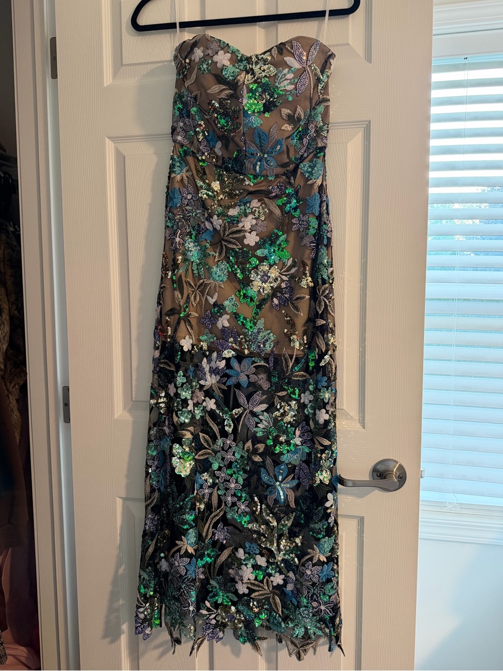Strapless Floral Sequin Evening Dress — Green & Black